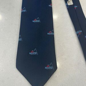 Tie with boat, fisherman, pole. Red white blue super quaint and fun. Vintage